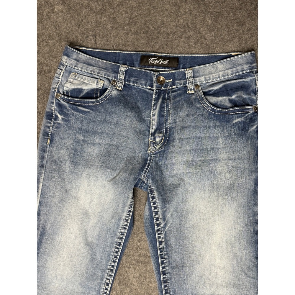 True Luck Mens Straight Leg Jeans Medium Wash Embroidered Flap Pockets 32x30 - Picture 2 of 10